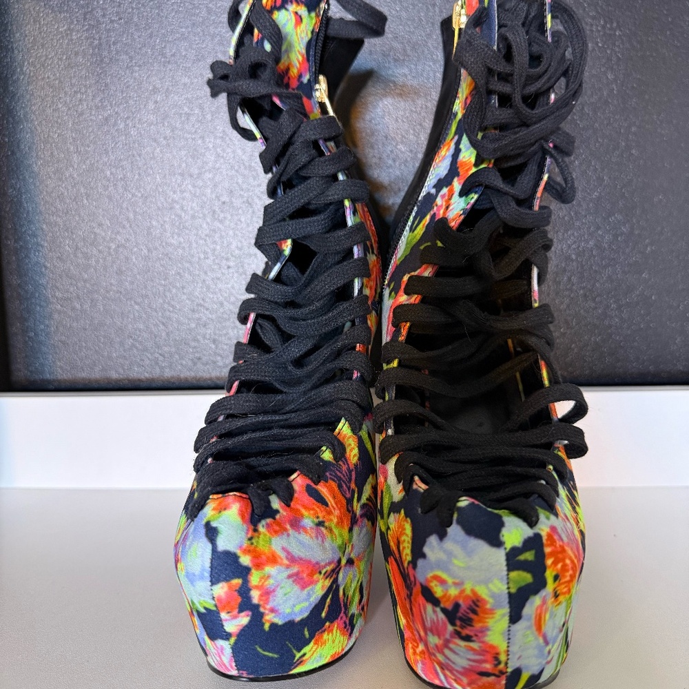 Floral Lace-Up Platform Stiletto Booties with Gold Heels